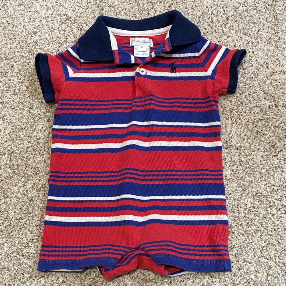 Ralph Lauren Red and Blue Striped Polo Romper